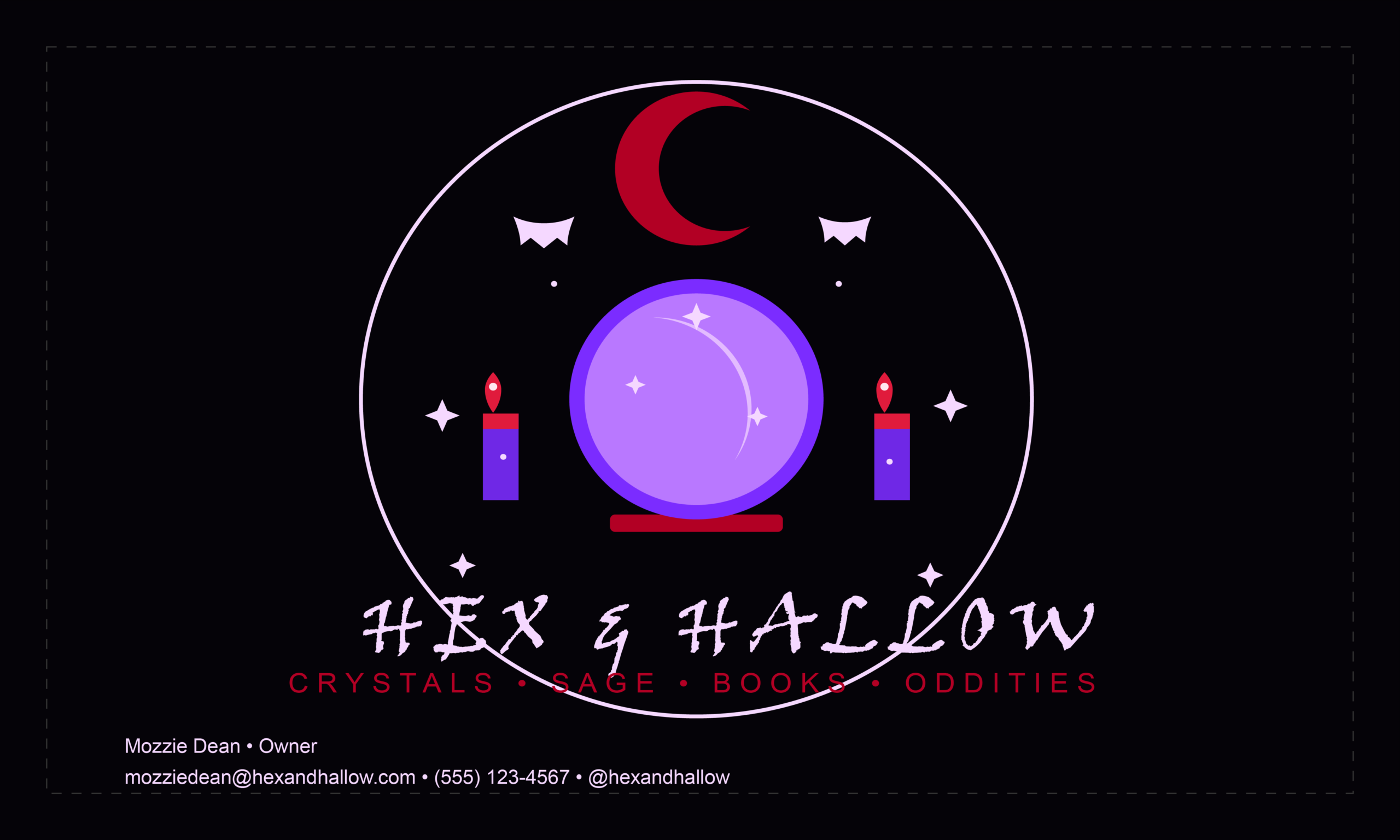 A horizontal business card design for Hex and Hallow featuring the full logo on a black background with contact details including the owner name, email, phone, and social handle.