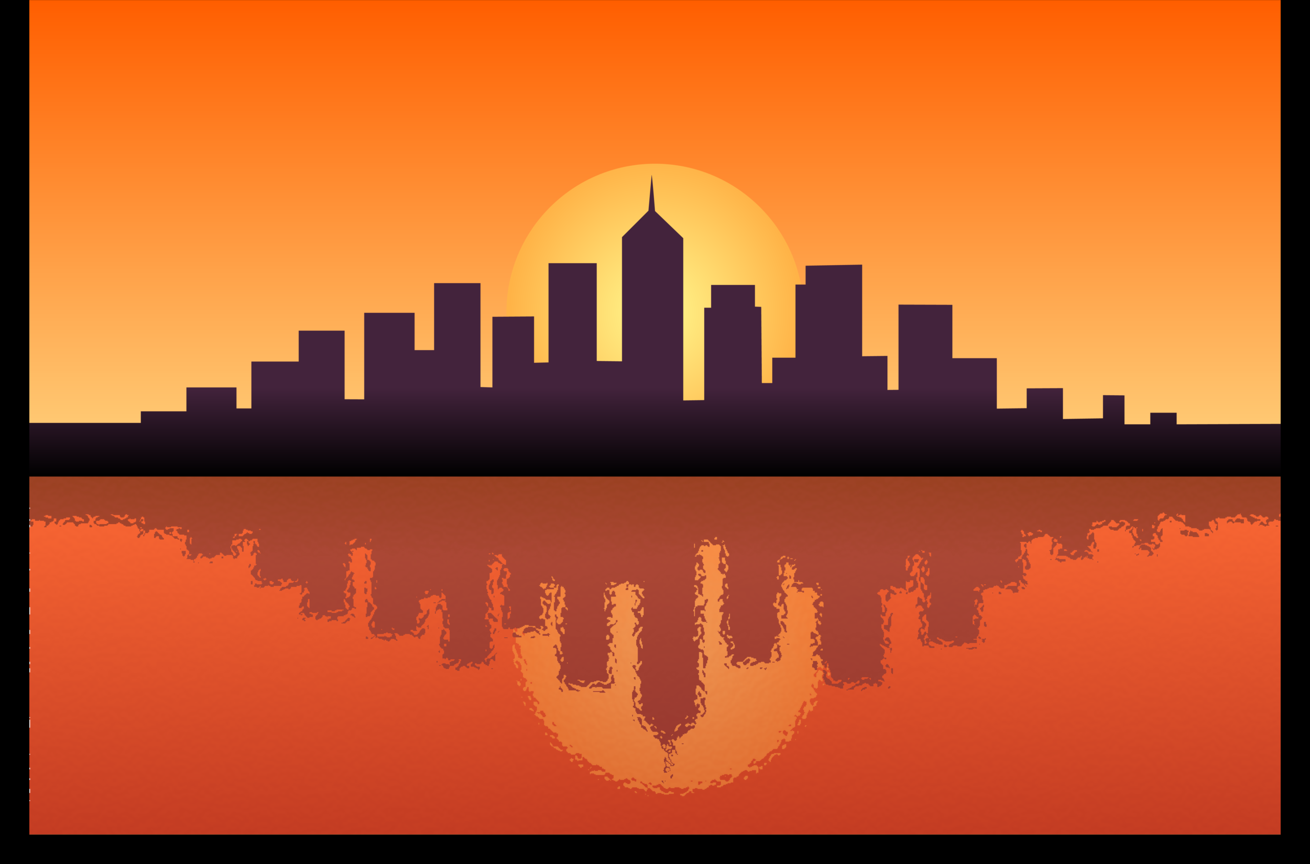 A flat-design vector illustration of a city skyline silhouette at sunset with an orange and yellow gradient sky and a rippled water reflection below.
