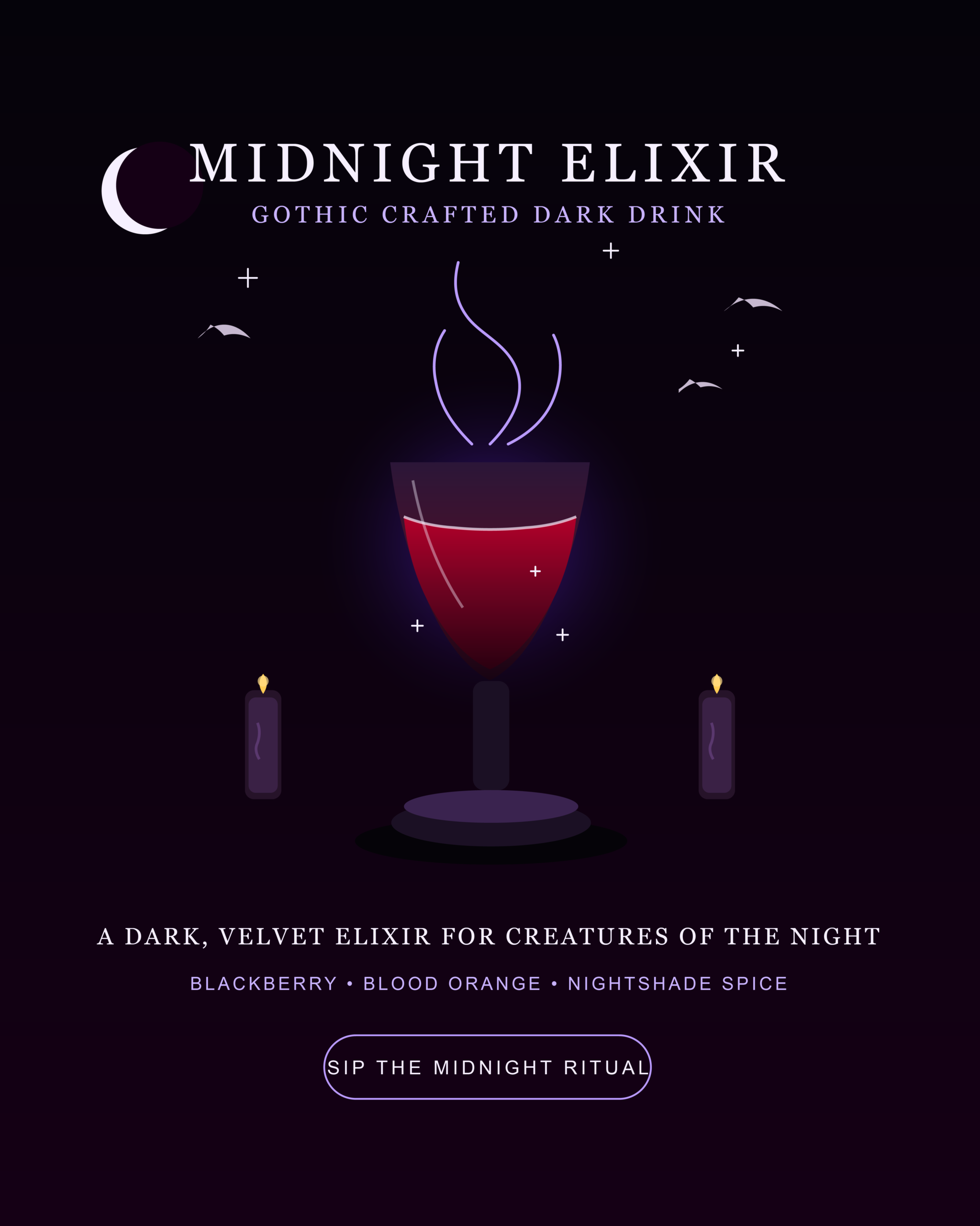 A gothic-themed product advertisement for Midnight Elixir featuring a glowing red wine goblet, purple candles, bats, and a crescent moon on a deep black-purple background.