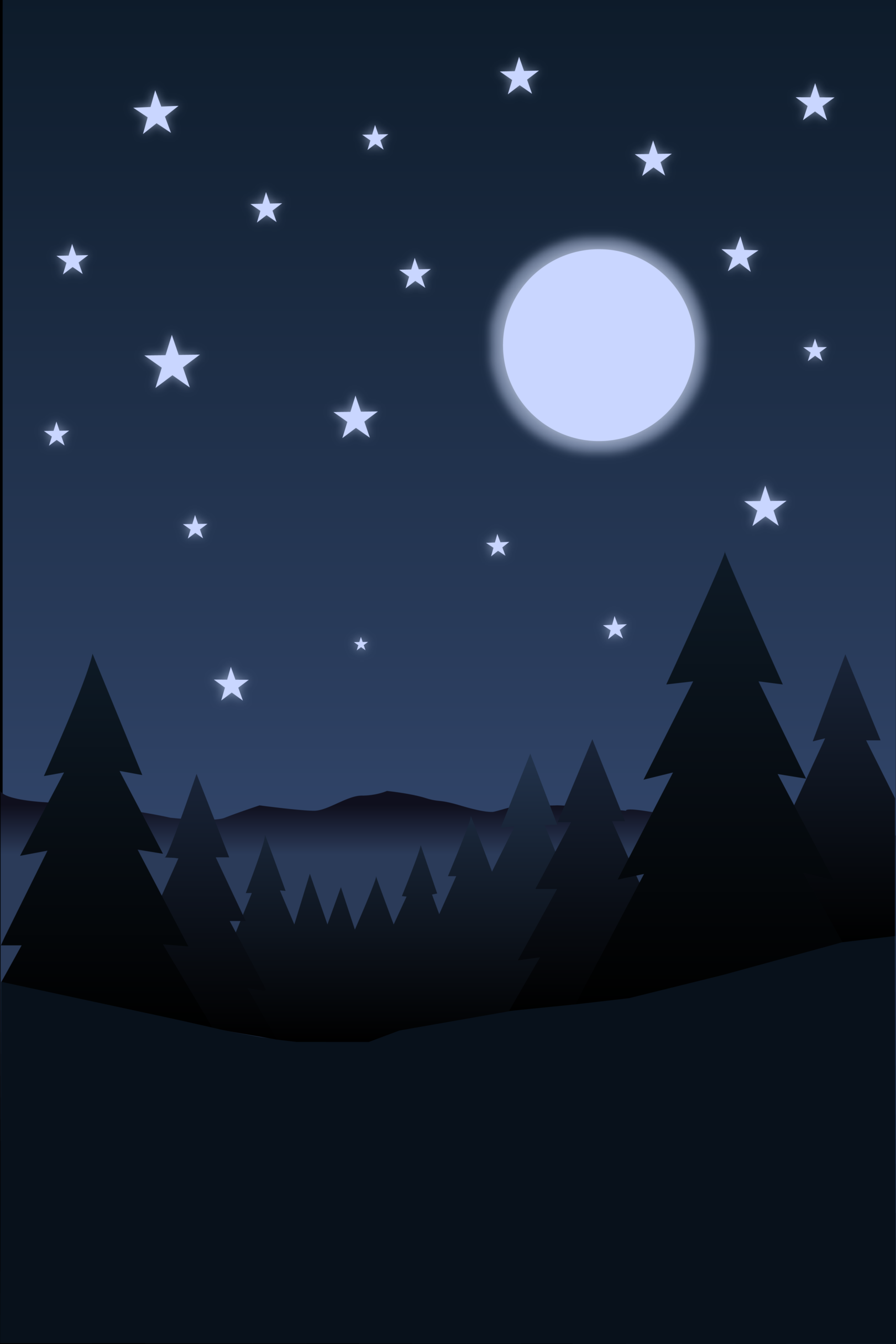 A flat design night landscape illustration featuring pine tree silhouettes, rolling hills, scattered star shapes, and a glowing moon against a dark navy blue sky.