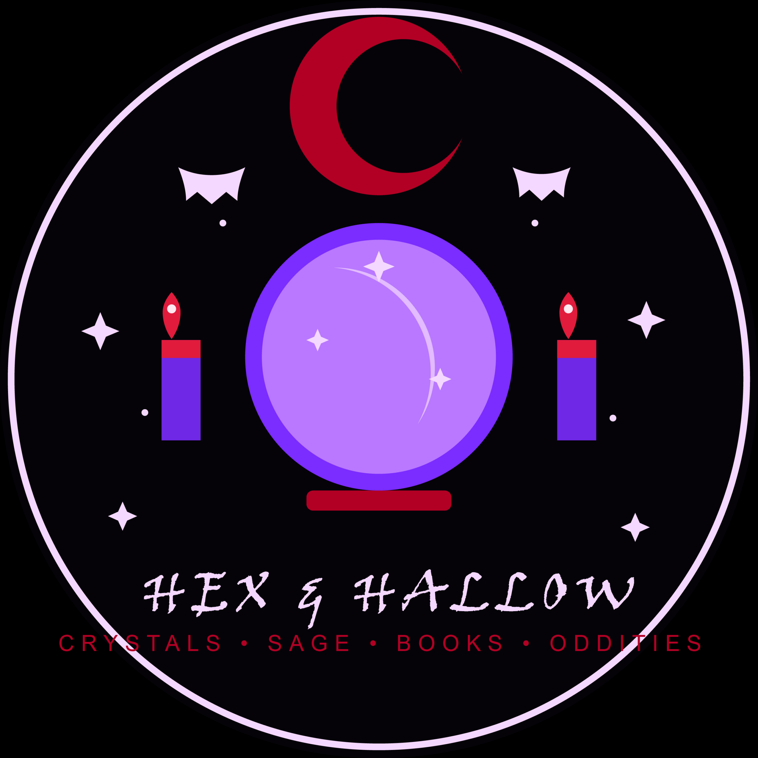 Circular logo for Hex and Hallow — a gothic witchy shop — featuring a glowing crystal ball, two purple candles, a red crescent moon, and bat wing accents on a black background.