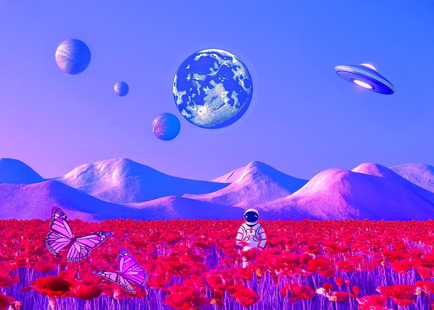 A surrealistic alien landscape featuring an astronaut in a vibrant red poppy field, purple mountains, floating planets, butterflies, and a UFO in the sky.
