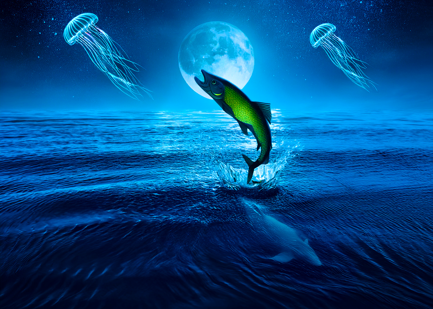 A surrealistic ocean scene at night featuring a glowing green fish leaping from the water, bioluminescent jellyfish floating in the sky, and a full moon on the horizon.
